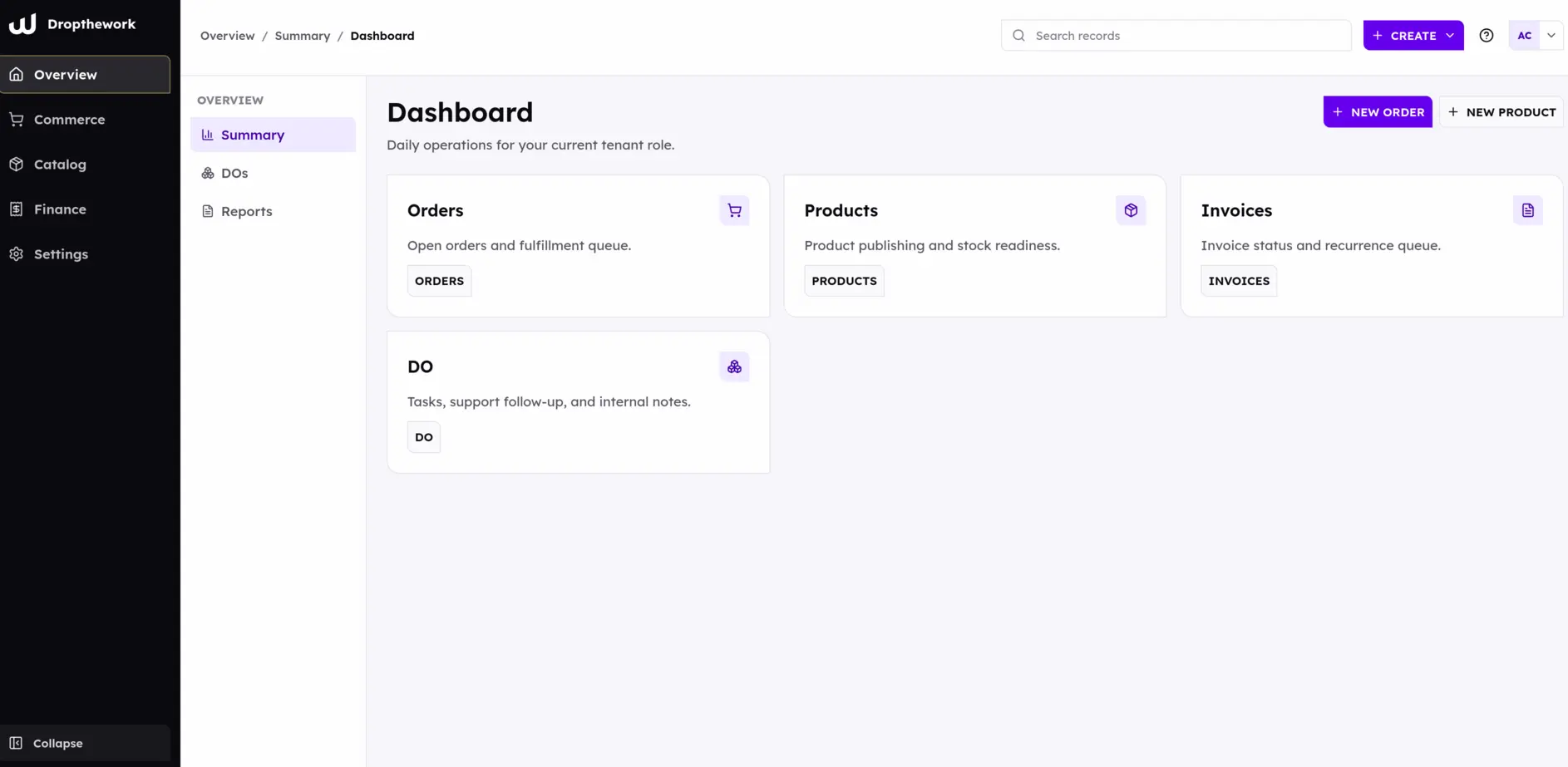 Dropthework dashboard showing orders, products, invoices and tasks
